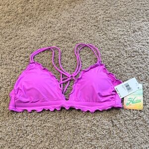 Hobie violet Ruffled cross back Bikini Top NWT Large